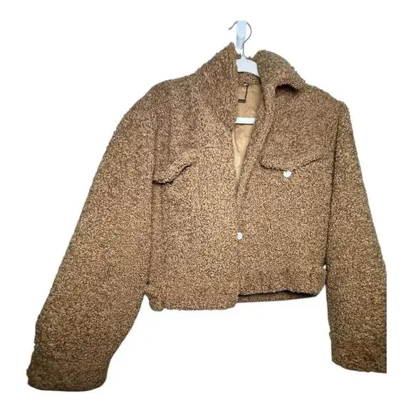 Capulet Aiden Sherpa Trucker Jacket Camel Teddy Fuzzy Crop Coat Size Small - Picture 6 of 13